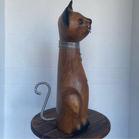Siamese Cat Wood Statue Hand Carved Mixed    Media Wire Wrapped Art Figurine - Picture 12 of 15